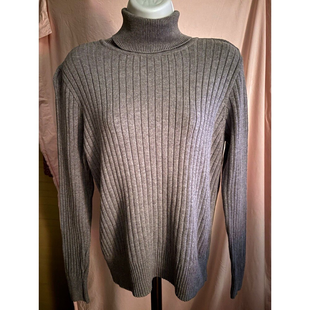 Women’s Gray Solid Ribbed Knit Turtleneck Long Sleeve Pullover Sweater Regular